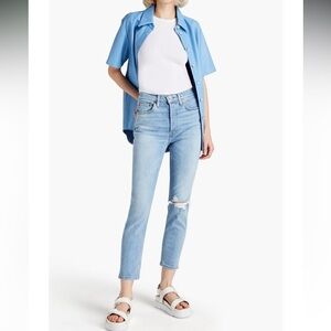 Re/Done 90's Cropped Distressed High-Rise Slim-Leg Jeans Worn Blue Destroy